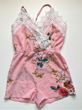 NWOT girls pat pat pink floral lace trim romper